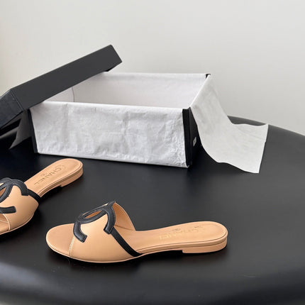 CHANEL MULES IN BEIGE MIX BLACK CALFSKIN