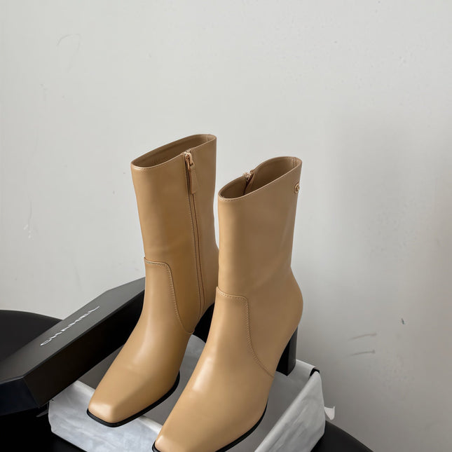 CHANEL 26S ANKLE BOOT 70 MM IN BEIGE CALFSKIN SQUARE TOE