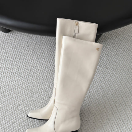 CHANEL 26S TALL BOOTS 70 MM IN CREAM WHITE CALFSKIN SQUARE TOE