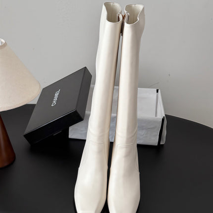 CHANEL 26S TALL BOOTS 70 MM IN CREAM WHITE CALFSKIN SQUARE TOE