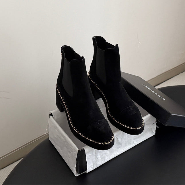 CHANEL 26S CHELSEA ANKLE BOOTS 70 MM IN BLACK SUEDE