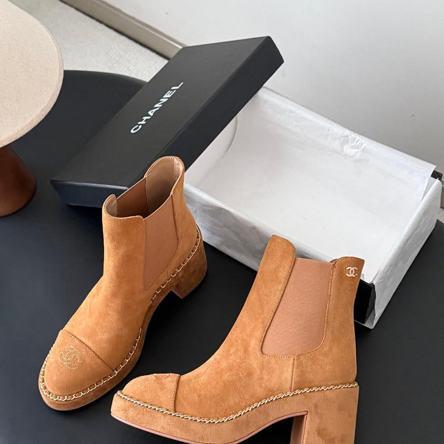 CHANEL 26S CHELSEA ANKLE BOOTS 70 MM IN BROWN SUEDE