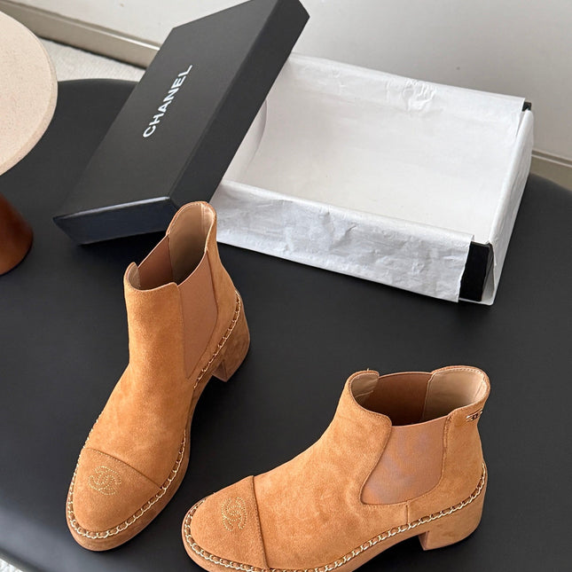 CHANEL 26S CHELSEA ANKLE BOOTS 70 MM IN BROWN SUEDE