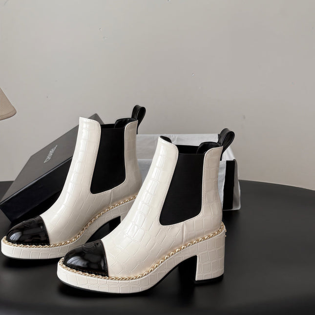 CHANEL 26S CHELSEA ANKLE BOOTS 70 MM  IN WHITE EMBOSSED AND BLACK PATENT
