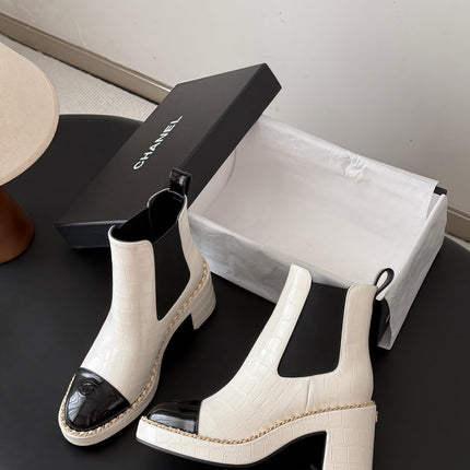 CHANEL 26S CHELSEA ANKLE BOOTS 70 MM  IN WHITE EMBOSSED AND BLACK PATENT
