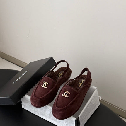 CHANEL 26S SLINGBACK LOAFERS IN BURGUNDY  SUEDE AND SHEARLING LINING