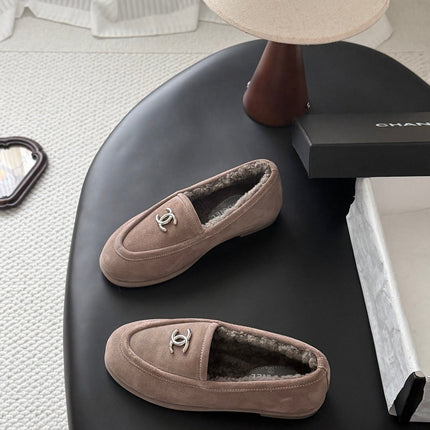CHANEL 26S LOAFERS IN GREY SUEDE AND SHEARLING LINING