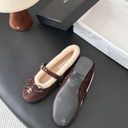 CHANEL 26S MARY JANE FLATS IN DARK BROWN SUEDE AND SHEARLING