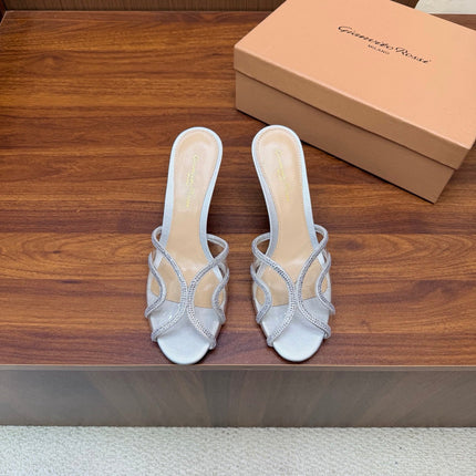 GIANVITO ROSSI 26S HIGH-HEEL SANDALS 85 MM IN SILVER PVC AND RHINESTONES