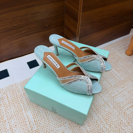 AQUAZZURA 26S HEELED SANDALS 75 MM IN LIGHT BLUE RAFFIA TEXTURE