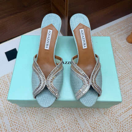 AQUAZZURA 26S HEELED SANDALS 75 MM IN LIGHT BLUE RAFFIA TEXTURE