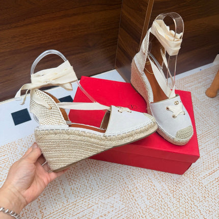 VALENTINO 26S ESPADRILLE WEDGE SANDALS 95 MM IN WHITE SUEDE