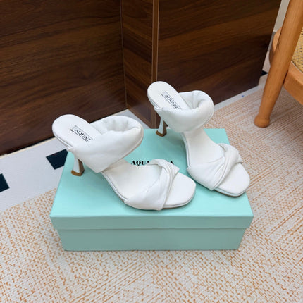 AQUAZZURA 26S TWISTED HEEL SANDALS 85 MM IN WHITE LAMBSKIN