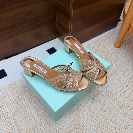 AQUAZZURA 26S CELESTE SANDALS 55 MM IN ROSE GOLD MESH & LEATHER