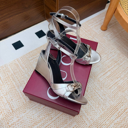 GUCCI 26S WEDGE SANDALS 80 MM IN SILVER CALFSKIN
