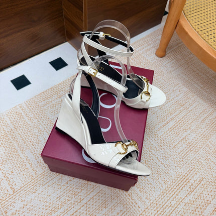 GUCCI 26S WEDGE SANDALS 80 MM IN WHITE GLOSSY CALFSKIN