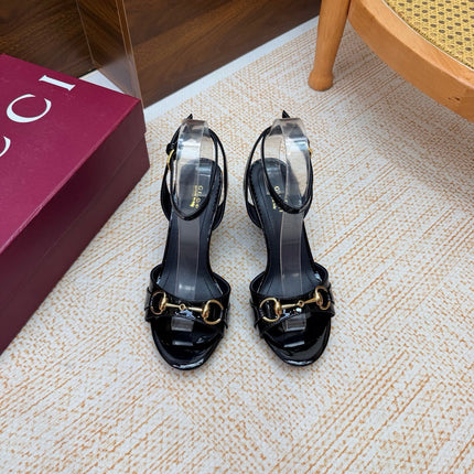 GUCCI 26S WEDGE SANDALS 80 MM IN BLACK GLOSSY CALFSKIN