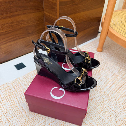 GUCCI 26S WEDGE SANDALS 80 MM IN BLACK GLOSSY CALFSKIN
