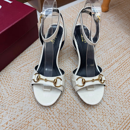 GUCCI 26S WEDGE SANDALS 80 MM IN WHITE CROCODILE EMBOSSED LEATHER