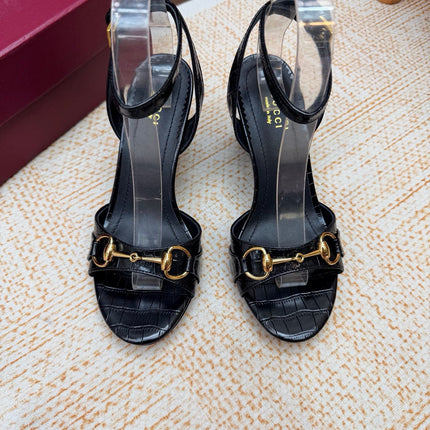 GUCCI 26S WEDGE SANDALS 80 MM IN BLACK CROCODILE EMBOSSED LEATHER
