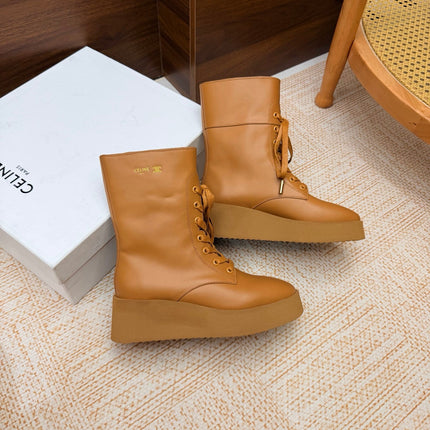CELINE 26S LACE UP ANKLE BOOTS 50 MM IN TAN SMOOTH CALFSKIN