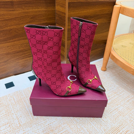 GUCCI 26S ANKLE BOOTS 85 MM IN DARK RED GG CANVAS AND BROWN CALFSKIN
