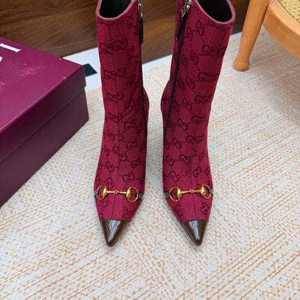 GUCCI 26S ANKLE BOOTS 85 MM IN DARK RED GG CANVAS AND BROWN CALFSKIN