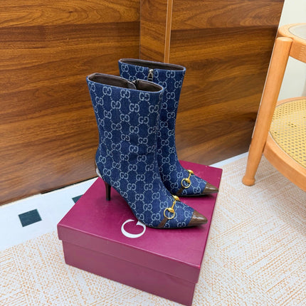 GUCCI 26S ANKLE BOOTS 85 MM IN BLUE DENIM AND BROWN CALFSKIN
