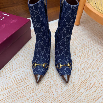 GUCCI 26S ANKLE BOOTS 85 MM IN BLUE DENIM AND BROWN CALFSKIN