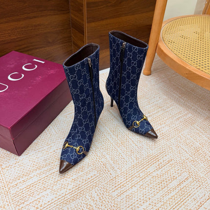 GUCCI 26S ANKLE BOOTS 85 MM IN BLUE DENIM AND BROWN CALFSKIN