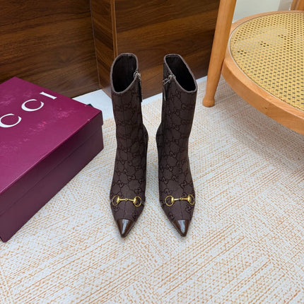 GUCCI 26S ANKLE BOOTS 85 MM IN DARK BROWN GG CANVAS AND CALFSKIN