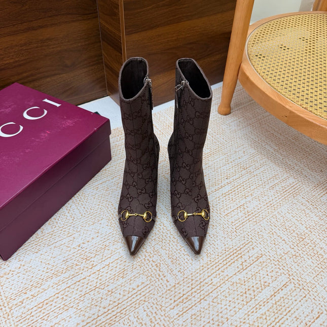 GUCCI 26S ANKLE BOOTS 85 MM IN DARK BROWN GG CANVAS AND CALFSKIN