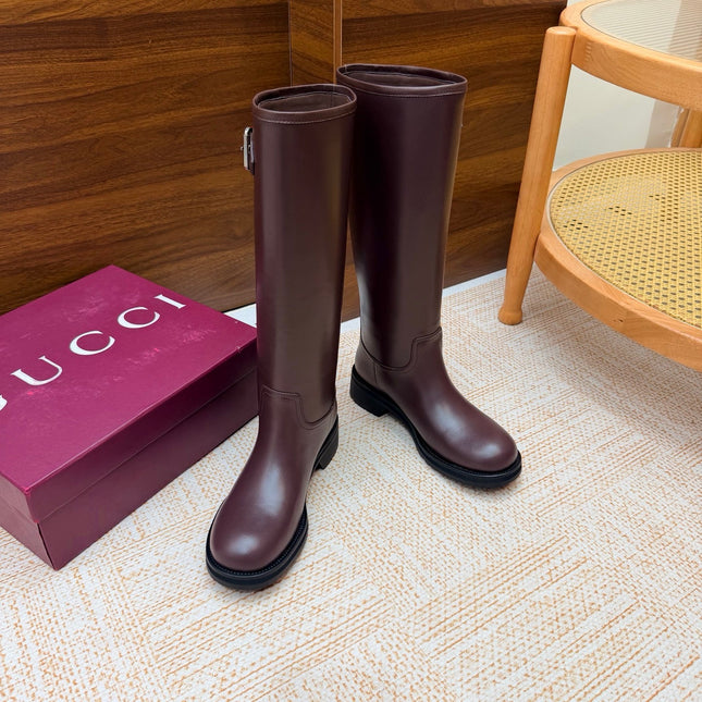 GUCCI 26S KNEE HIGH BOOTS IN BURGUNDY BROWN SMOOTH CALFSKIN