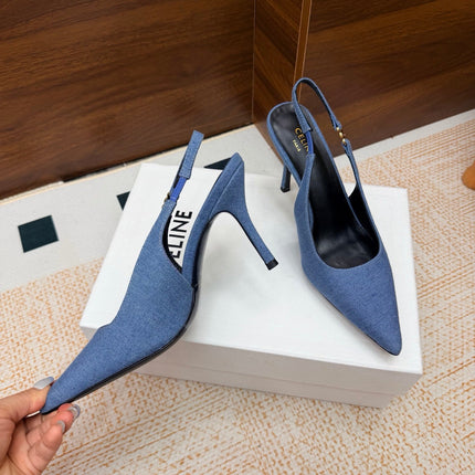 CELINE 26S SLINGBACK HIGH HEEL PUMPS 85 MM IN BLUE DEMIN