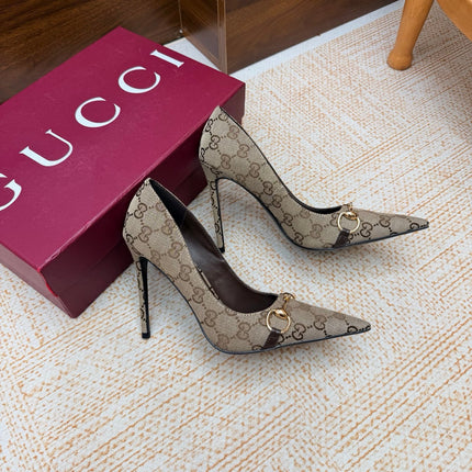 GUCCI 26S HORSEBIT PUMPS 105 MM IN BEIGE GG CANVAS