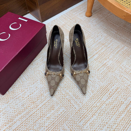 GUCCI 26S HORSEBIT PUMPS 105 MM IN BEIGE GG CANVAS