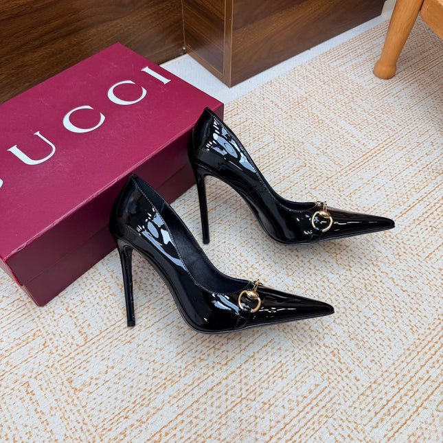 GUCCI 26S HORSEBIT PUMPS 105 MM IN BLACK PATENT CALFSKIN