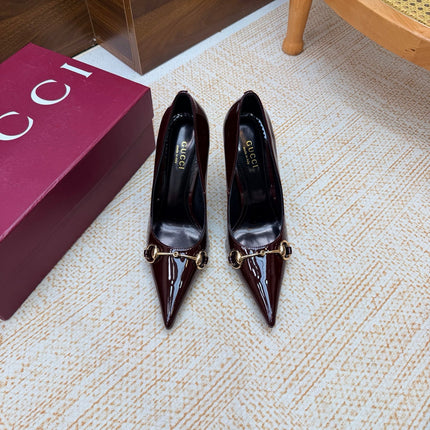 GUCCI 26S HORSEBIT PUMPS 105 MM IN DARK RED PATENT CALFSKIN