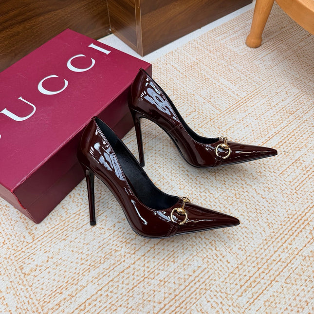 GUCCI 26S HORSEBIT PUMPS 105 MM IN DARK RED PATENT CALFSKIN