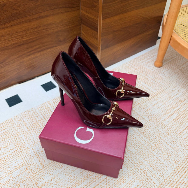 GUCCI 26S HORSEBIT PUMPS 105 MM IN DARK RED PATENT CALFSKIN
