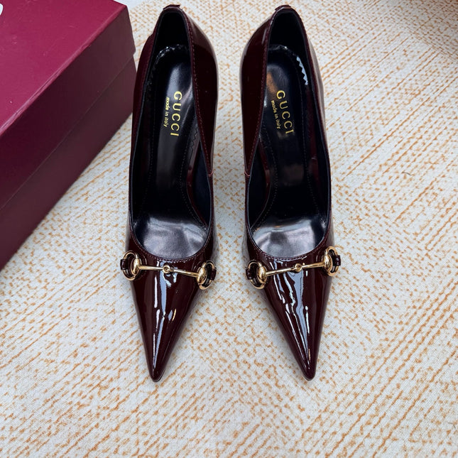 GUCCI 26S HORSEBIT PUMPS 105 MM IN DARK RED PATENT CALFSKIN