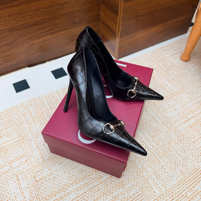 GUCCI 26S HORSEBIT PUMPS 105 MM IN BLACK CROCODILE EMBOSSED LEATHER