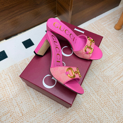 GUCCI 26S HORSEBIT HEEL SANDALS 85 MM IN PINK GG CANVAS