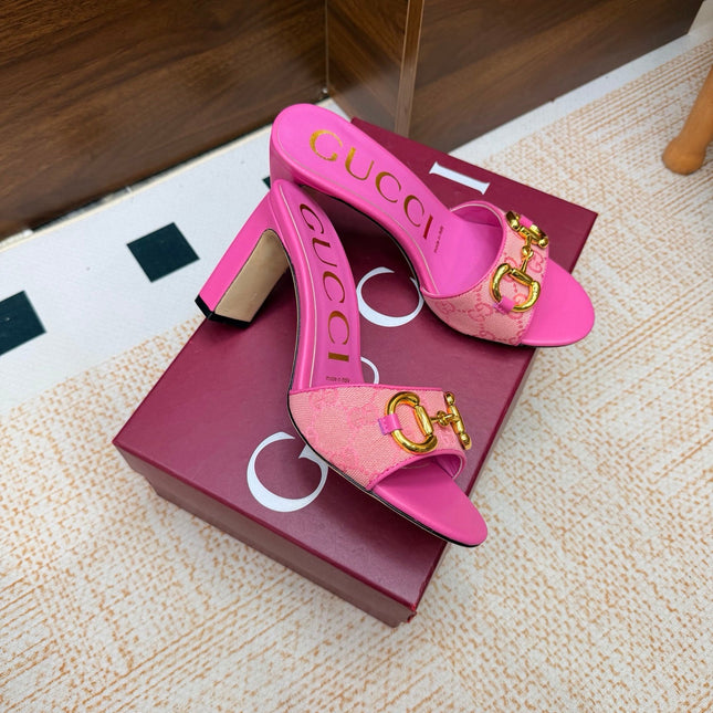GUCCI 26S HORSEBIT HEEL SANDALS 85 MM IN PINK GG CANVAS
