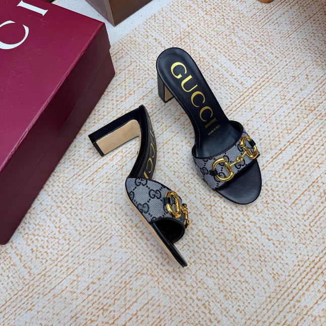 GUCCI 26S HORSEBIT HEEL SANDALS 85 MM IN BLACK MIX GREY GG CANVAS