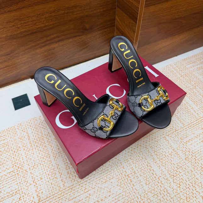GUCCI 26S HORSEBIT HEEL SANDALS 85 MM IN BLACK MIX GREY GG CANVAS