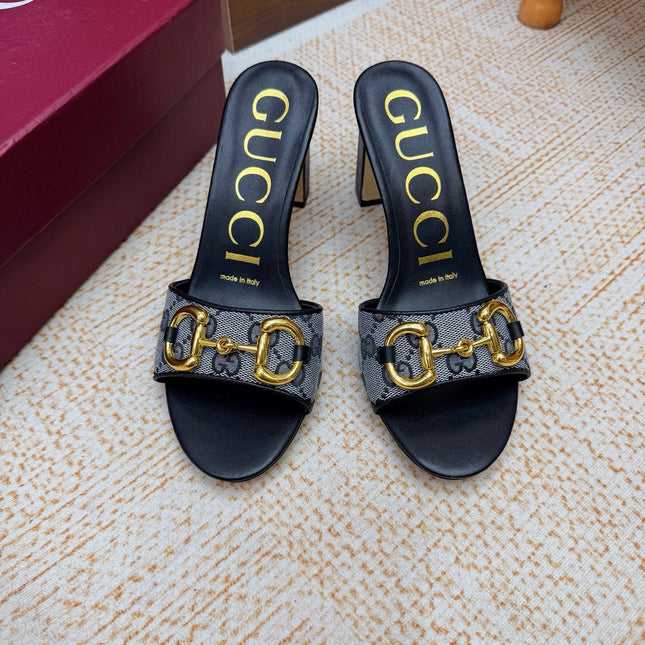 GUCCI 26S HORSEBIT HEEL SANDALS 85 MM IN BLACK MIX GREY GG CANVAS