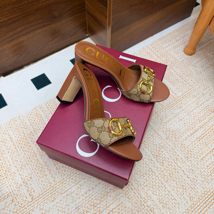 GUCCI 26S HORSEBIT HEEL SANDALS 85 MM IN BROWN MIX BEIGE GG CANVAS