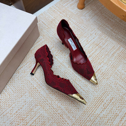 JIMMY CHOO 26S CUTOUT HEELS 65 MM IN DARK RED LACE WITH METAL TOE CAP