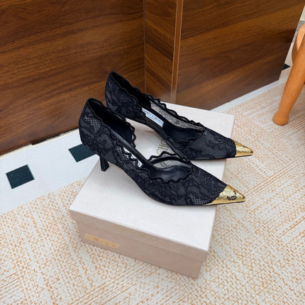 JIMMY CHOO 26S CUTOUT HEELS 65 MM IN BLACK LACE WITH METAL TOE CAP
